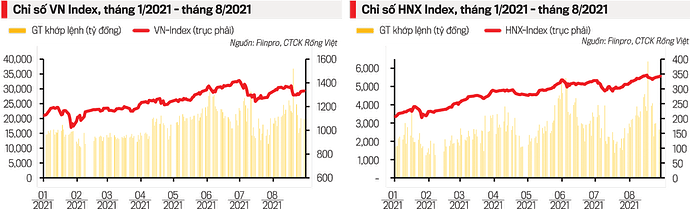 Diễn biến VN-Index và HNX-Index trong 8 tháng đầu năm