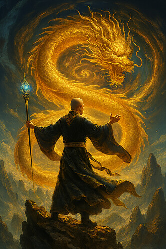 Một pháp sư Việt Nam thế kỷ 21 đứng trên đỉnh núi Ngũ Hành Sơn, tay cầm pháp khí phát sáng, phía sau là rồng vàng khổng lồ uốn lượn giữa mây trời, ánh sáng thiên long bao phủ, trời đất xoay chuyển theo Thiên Long Định Càn Khôn.