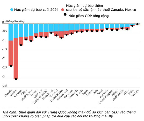 Dự báo tác động tăng trưởng GDP các nước đến 2026 do các chính sách thuế của ông Trump. Nguồn: Fitch Ratings