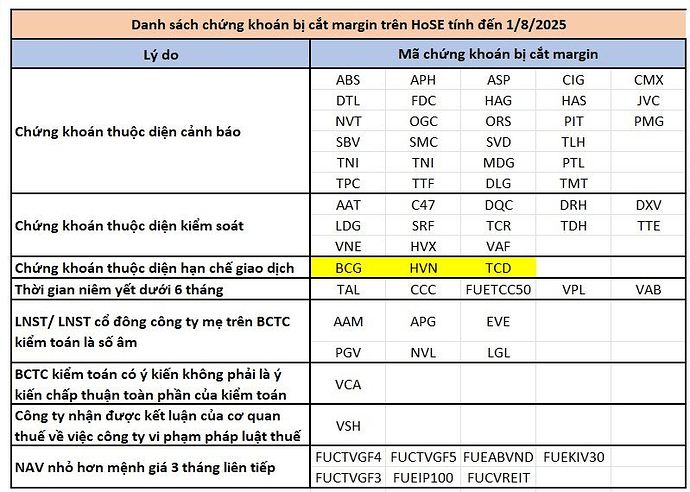 HOSE cập nhật cổ phiếu bị cắt margin tháng 8, danh sách không được giao dịch ký quỹ gồm 62 mã gồm loạt tên tuổi “hot” HAG, NVL, LDG, BCG, HVN…- Ảnh 1.