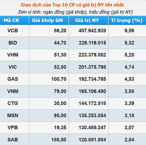 TOP 10 VỐN HÓA HOSE