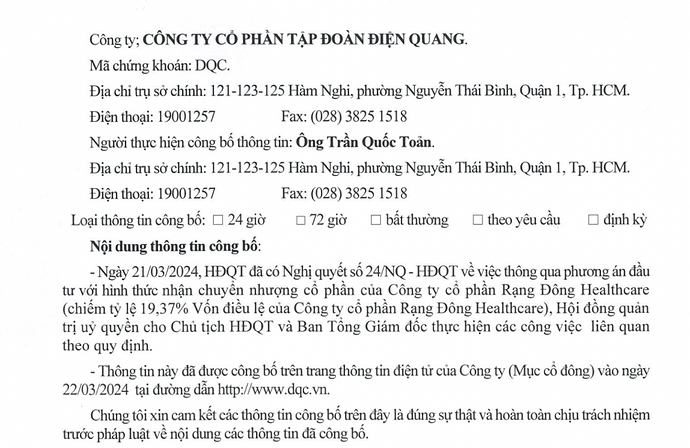 Điện Quang (DQC) muốn nhận chuyển nhượng hơn 19% Rạng Đông Healthcare, sẽ “dấn thân” vào lĩnh vực mới? Điện Quang (DQC) muốn nhận chuyển nhượng hơn 19% Rạng Đông Healthcare, sẽ “dấn thân” vào lĩnh vực mới?
