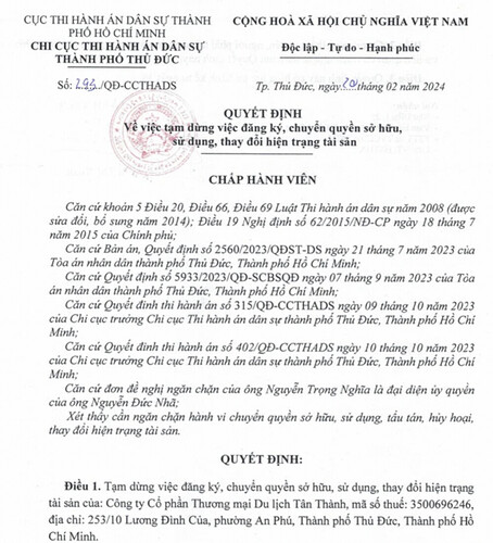 Quyết định ngăn chặn chuyển dịch tài sản để thi hành án đối với Công ty Tân Thành theo đề nghị từ phía khách hàng Quyết định ngăn chặn chuyển dịch tài sản để thi hành án đối với Công ty Tân Thành theo đề nghị từ phía khách hàng