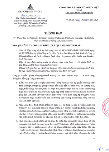 THÔNG BÁO THU HỒI_CHẤM DỨT QUYỀN SỬ DỤNG THƯƠNG HIỆU DAT XANH SERVICES_SGR