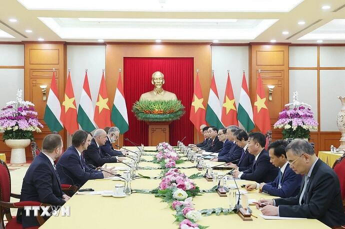 Tổng Bí thư Tô Lâm tiếp Tổng thống Hungary Sulyok Tamas thăm chính thức Việt Nam. (Ảnh: Thống Nhất/TTXVN)