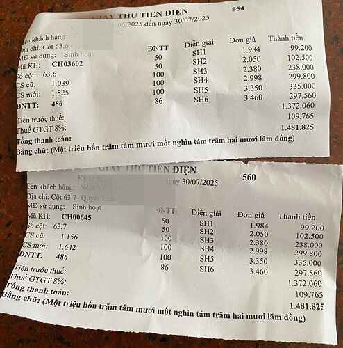Hóa đơn tiền điện tháng 7 của nhà chị Dung tăng cao so với thường lệ. Ảnh: Dung Bé