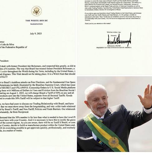 Có thể là hình ảnh về ‎1 người và ‎văn bản cho biết '‎THE WHITE HOUSE WASHINCTON July 2025 ency Lula Silva fthe Federative Republic of Wikbes ส.พมิร. Sineerehy. resident: נממננן TRUMP PRESDENTO dealt with former President way AMERICA Bolsonaro respected him greatly. Presiden during should taking place. Brazil Witch Hunt insidious attacks States, should Free Dollars Speec August| roducts oevade Eviction om mthe 50% platform subjectto Igher Goods from rtunately, Relationship Brazil, have unfair rade relationsł Barriers. relationsh needed crstand with Country, regime. britd manufactur possible get quiekly, professionally, weeks. S,I in matter rectify fBrazil. e com routinely‎'‎‎