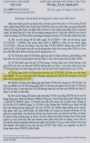 Định hướng tín dụng 2026 kiểm soát kiềm chế tín dụng vào BĐS tránh cao hơn tỷ lệ tăng trưởng td chung