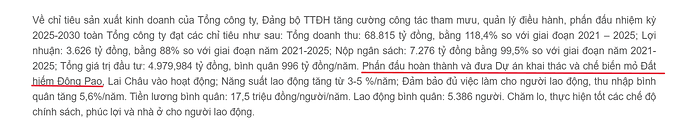 Dự kiến khai thác Mỏ Dông Pao