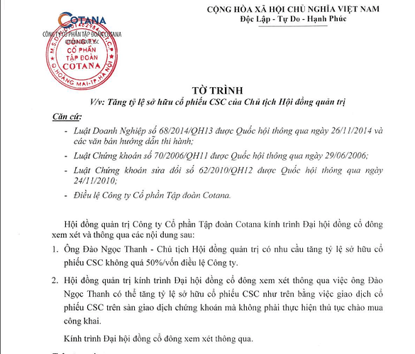 Tờ trình tăng tỷ lệ sở hữu của chủ tịch HĐQT