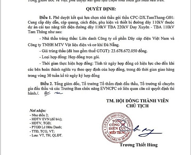 Quyết định do ông Trương Thiết Hùng vừa ký. Trước đó vào ngày 6/2/2024, ông Hùng liên tiếp ký 2 quyết định phế duyệt KQLCNT 2 gói khác cho CADIVI Quyết định do ông Trương Thiết Hùng vừa ký. Trước đó vào ngày 6/2/2024, ông Hùng liên tiếp ký 2 quyết định phế duyệt KQLCNT 2 gói khác cho CADIVI