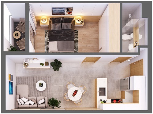 Mặt bằng căn hộ 1 phòng ngủ diện tích 48,77m2 Aurora Residence