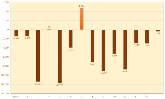 Giá trị mua ròng của khối ngoại sàn HoSE theo tháng. Đơn vị: Tỷ đồng.