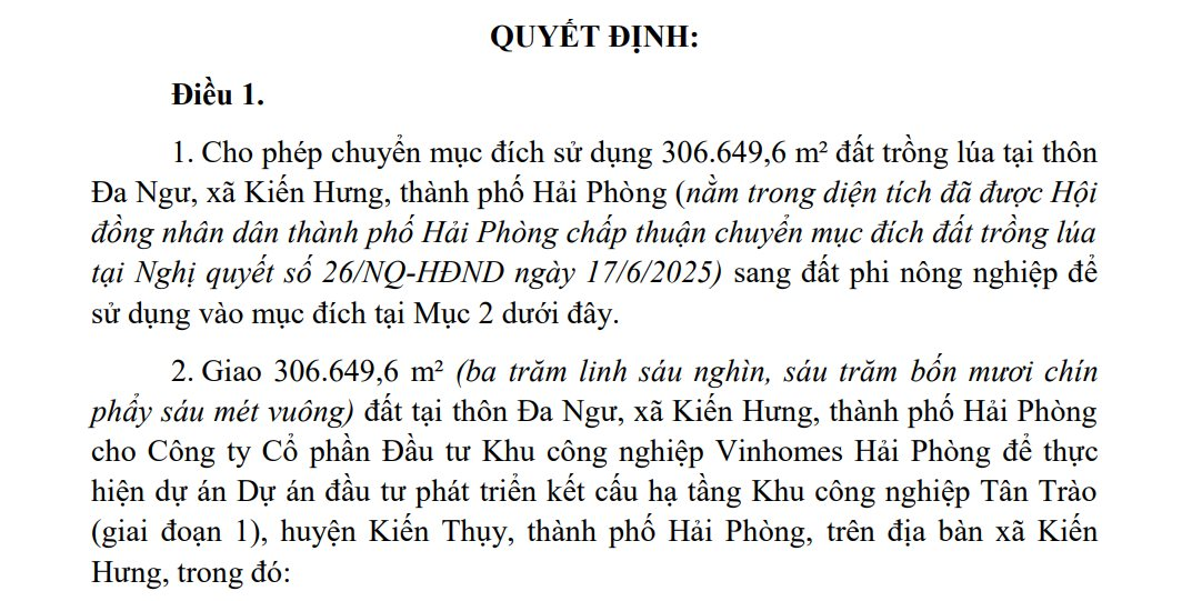 Vinhomes nhận 30,6 hecta đất trồng lúa ở Hải Phòng để làm khu công nghiệp 4.000 tỷ đồng- Ảnh 1.