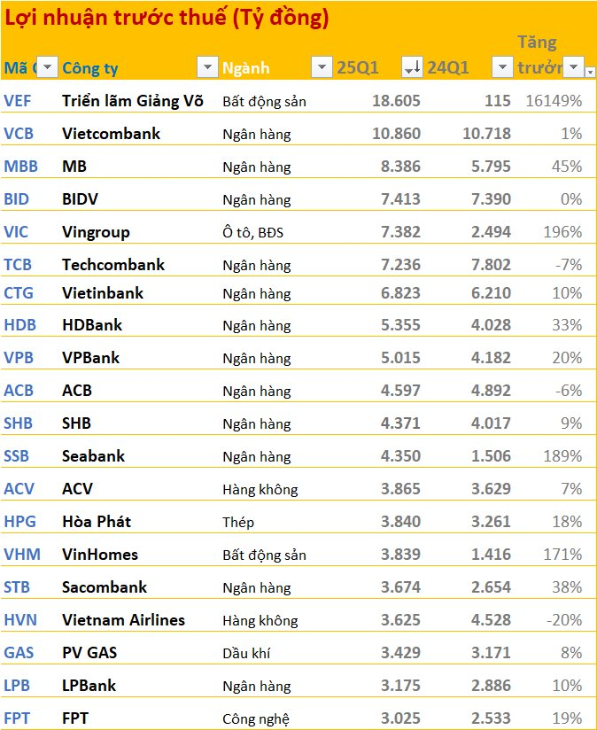 20 cái tên lãi lớn nhất quý 1/2025: Ngân hàng và BĐS áp đảo, chỉ có duy nhất 1 doanh nghiệp sản xuất- Ảnh 2.