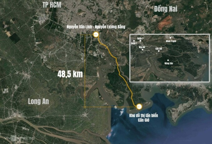 Hướng tuyến metro nối trung tâm TP HCM xuống Cần Giờ được quy hoạch. Đồ họa: Hoàng Thanh