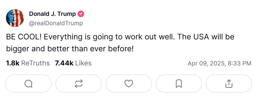 Tổng thống Donald Trump lên tiếng giữa lúc TTCK chao đảo: “BÌNH TĨNH... ĐÂY LÀ THỜI ĐIỂM TUYỆT VỜI ĐỂ MUA VÀO!!!”- Ảnh 1. Tổng thống Donald Trump lên tiếng giữa lúc TTCK chao đảo: “BÌNH TĨNH... ĐÂY LÀ THỜI ĐIỂM TUYỆT VỜI ĐỂ MUA VÀO!!!”- Ảnh 1.