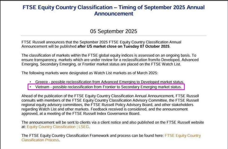 FTSE Russell thông báo về việc nâng hạng chứng khoán Việt Nam- Ảnh 1.