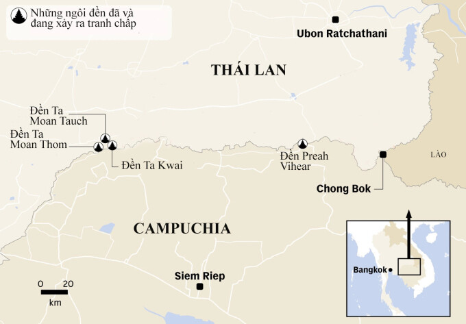Vị trí đền Ta Muan Thom cùng các đền tranh chấp giữa Campuchia và Thái Lan. Đồ họa: CNA