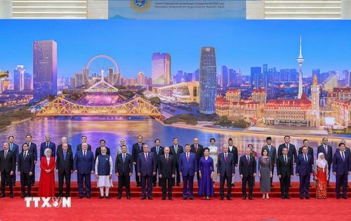 Tổng Bí thư, Chủ tịch nước Trung Quốc Tập Cận Bình và Thủ tướng Phạm Minh Chính cùng các trưởng đoàn tham dự SCO 2025 chụp ảnh chung. (Ảnh: Dương Giang/TTXVN)
