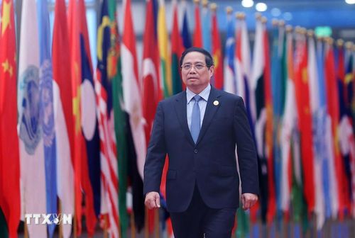 Thủ tướng Phạm Minh Chính đến dự chiêu đãi các Trưởng đoàn tham dự Hội nghị Thượng đỉnh Tổ chức Hợp tác Thượng Hải (SCO) 2025. (Ảnh: Dương Giang/TTXVN)